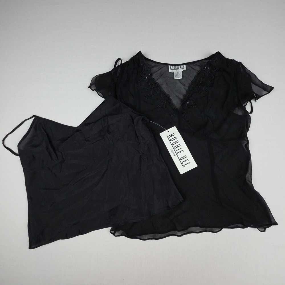 Robbie Bee Petite Beaded Silk Chiffon Blouse Camisole Set Women 6P Black Silk